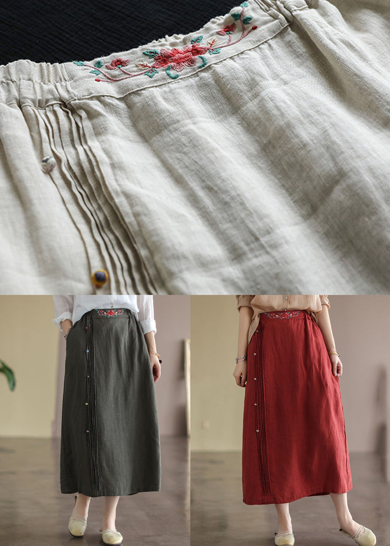 Beige Embroidered Pockets Patchwork Cotton Skirts Summer