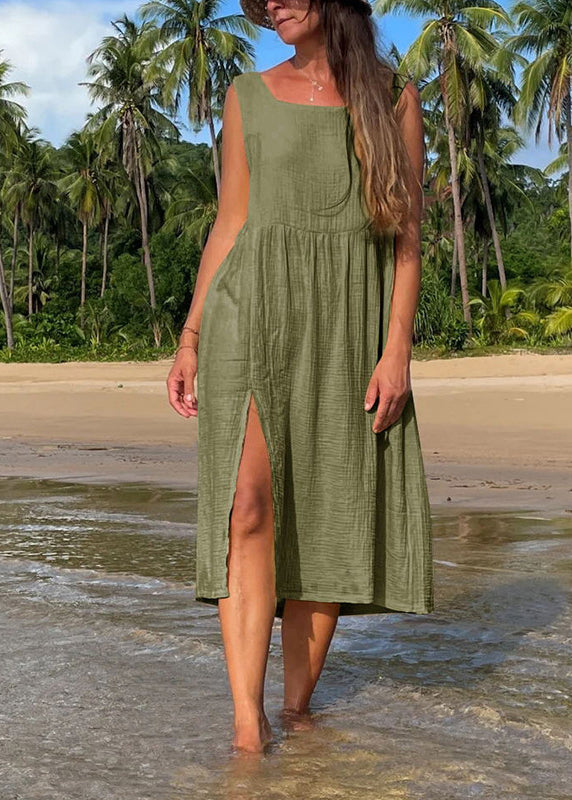 Purple O Neck Side Open Cotton Dress Sleeveless