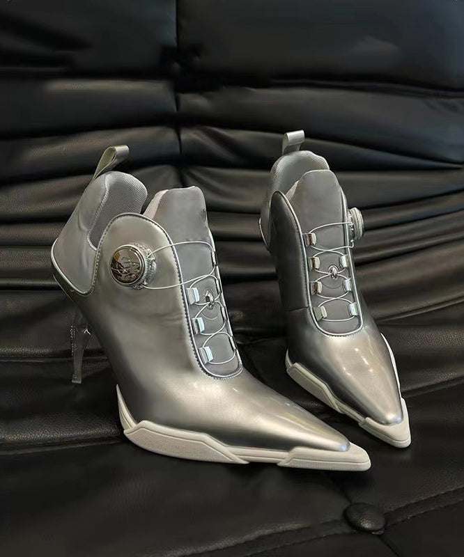 Style Silver Splicing High Heel Boots Pointed Toe