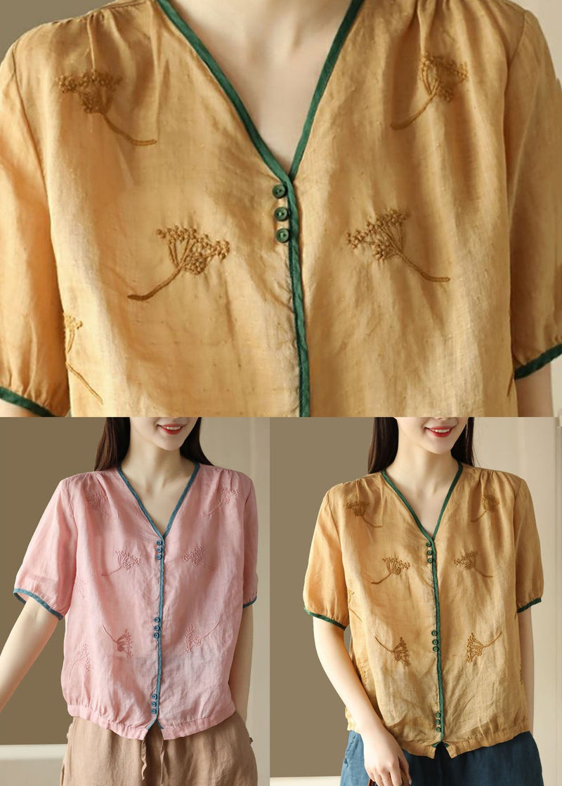 Yellow V Neck Embroidered Patchwork Linen Top Summer