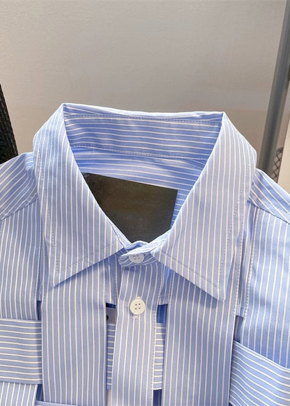 Fitted Blue Peter Pan Collar Hollow Out Plaid Cotton Shirts Fall