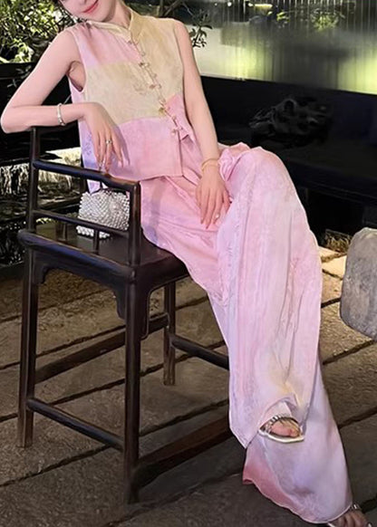 French Pink Button Waistcoat and Wide Leg Pants Silk Two Piece Set Sleeveless