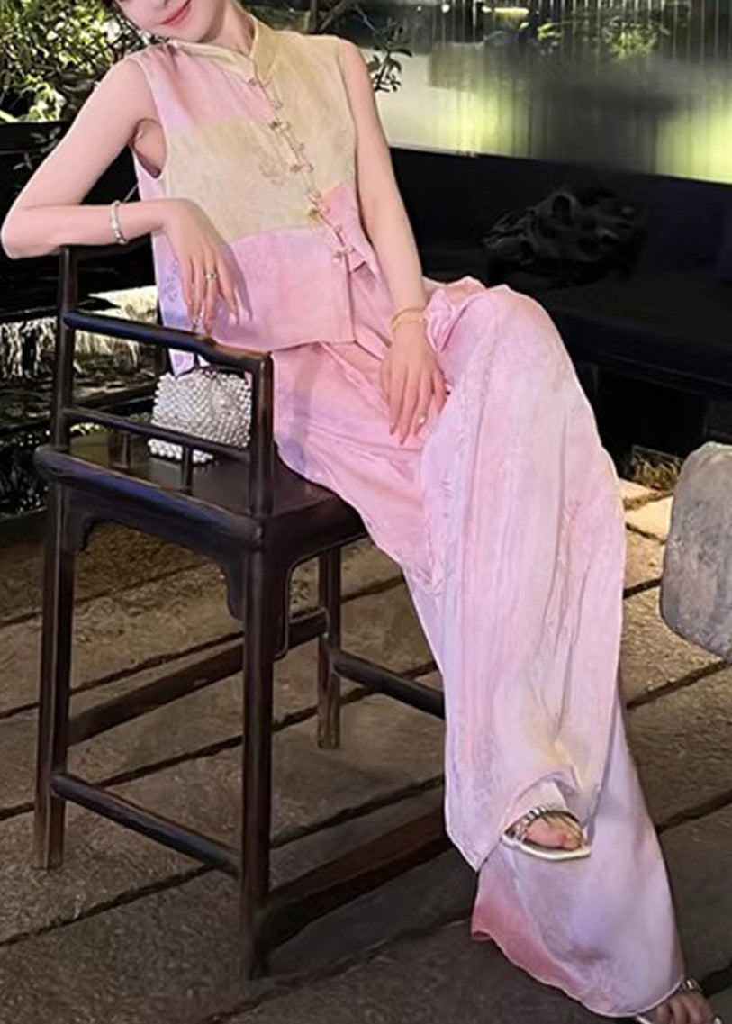 French Pink Button Waistcoat and Wide Leg Pants Silk Two Piece Set Sleeveless
