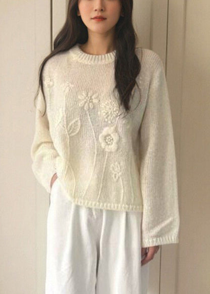 Loose Pink O-neck Cotton Knit Sweater Fall