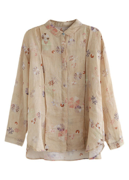 Stylish Khaki Wrinkled Print Ramie Linen Shirt Tops Spring