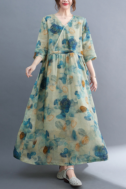 New Summer Blue Print Dress Ramie Short Sleeve Long Dress