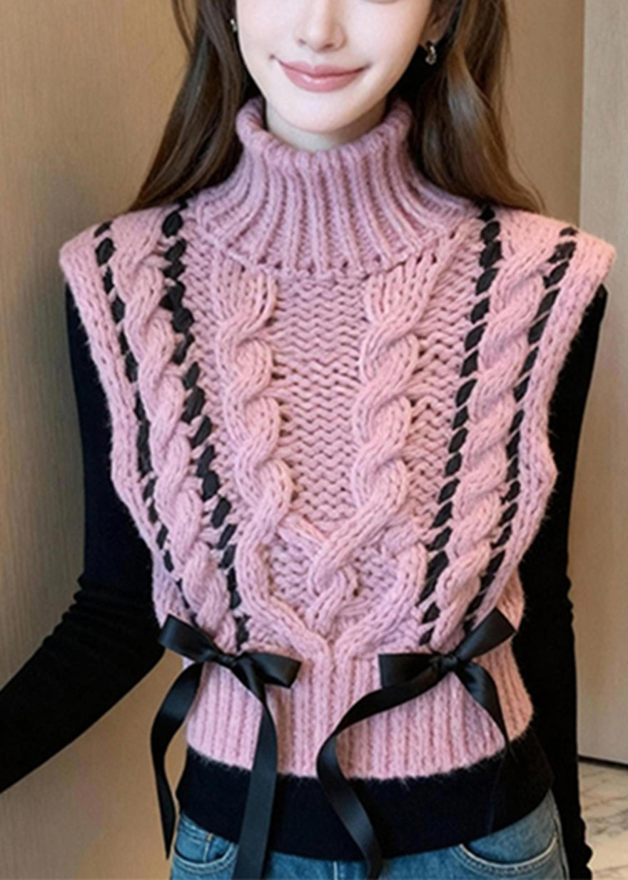 Pink Turtle Neck Bow Warm Knit Vest Winter