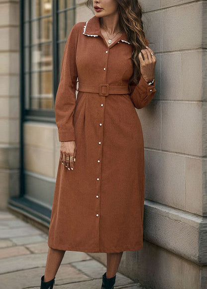 Brown Peter Pan Collar Button Corduroy Dresses Fall