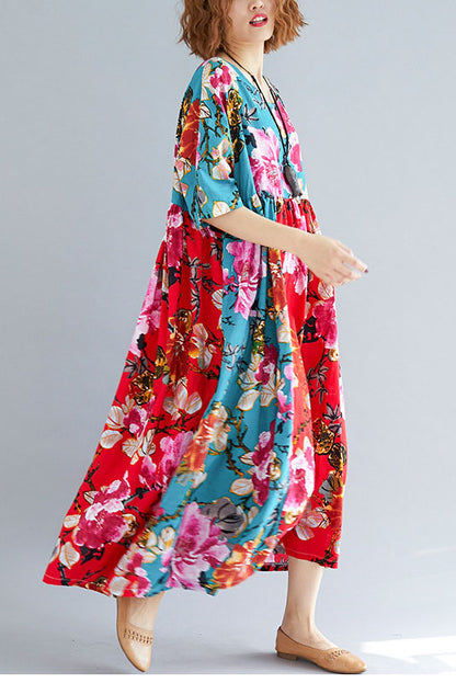 -summer Red Printed Loose Dress