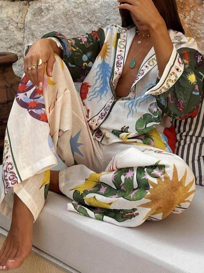 Unique Print Long Sleeve Shirt and Elastic Waist Pants Set