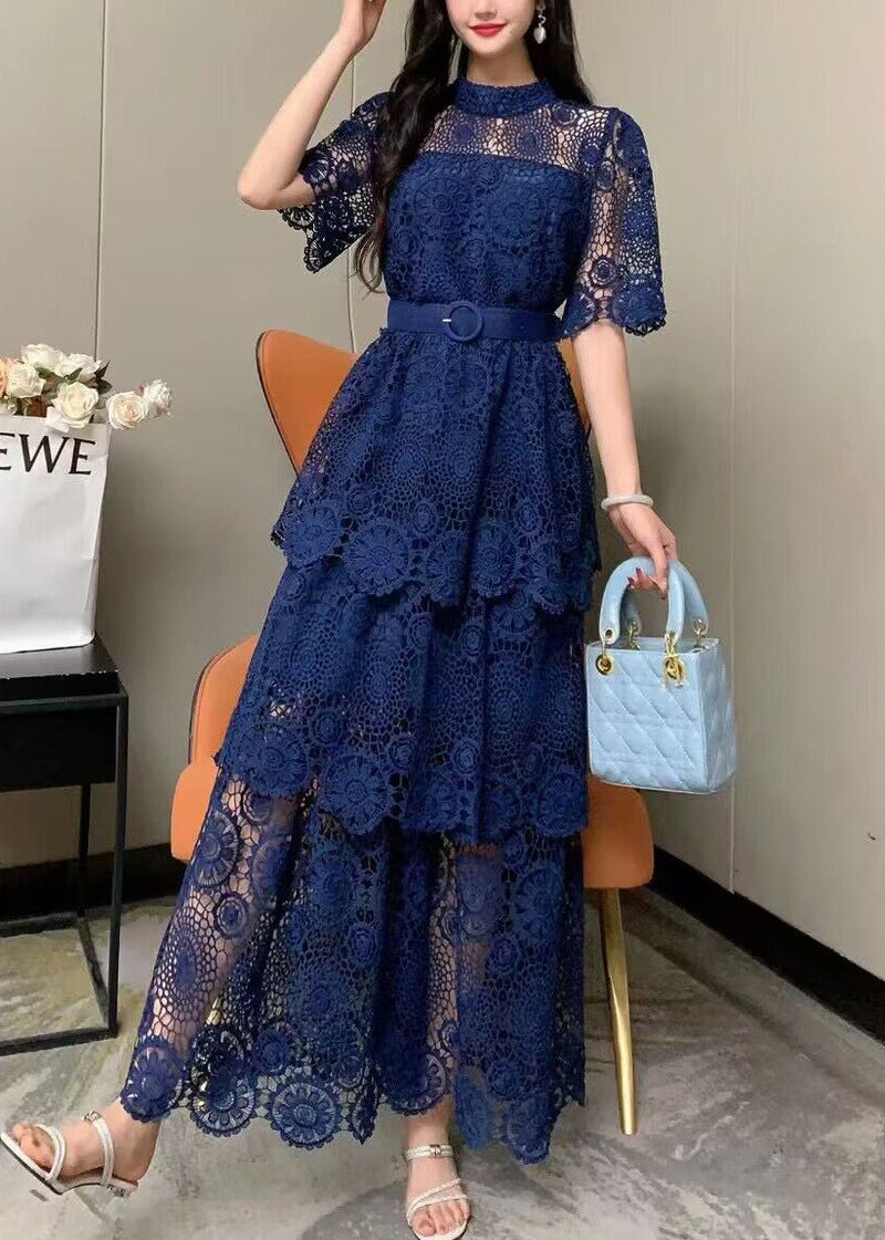 Yellow Embroidered Tie Waist Patchwork Lace Dress Summer