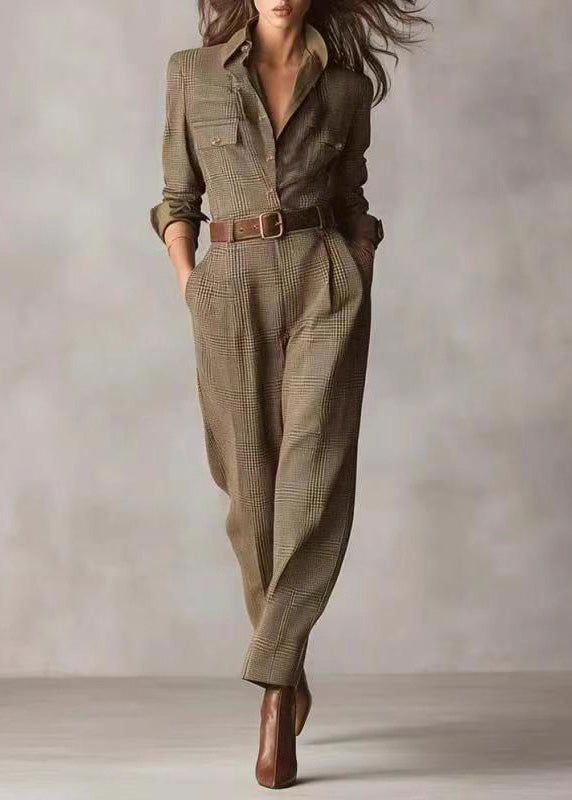 Modern Khaki Peter Pan Collar Plaid Cotton Jumpsuit Fall