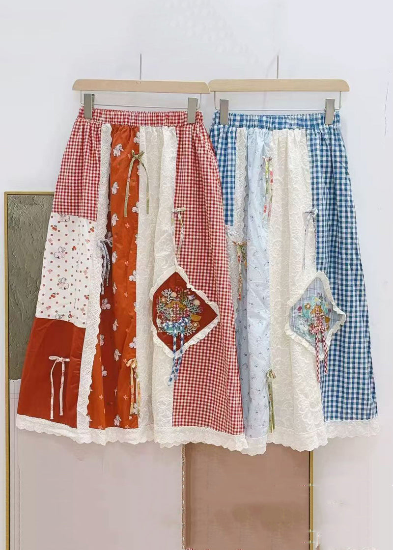 Red Plaid Elastic Waist Patchwork Cotton Skirts Spring