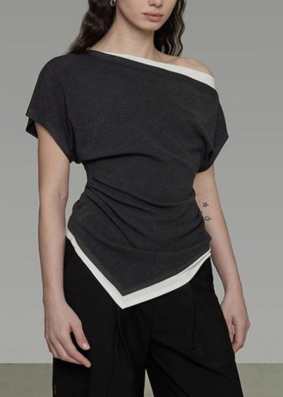 Dark Grey Slash Neck Asymmetrical Top Short Sleeve