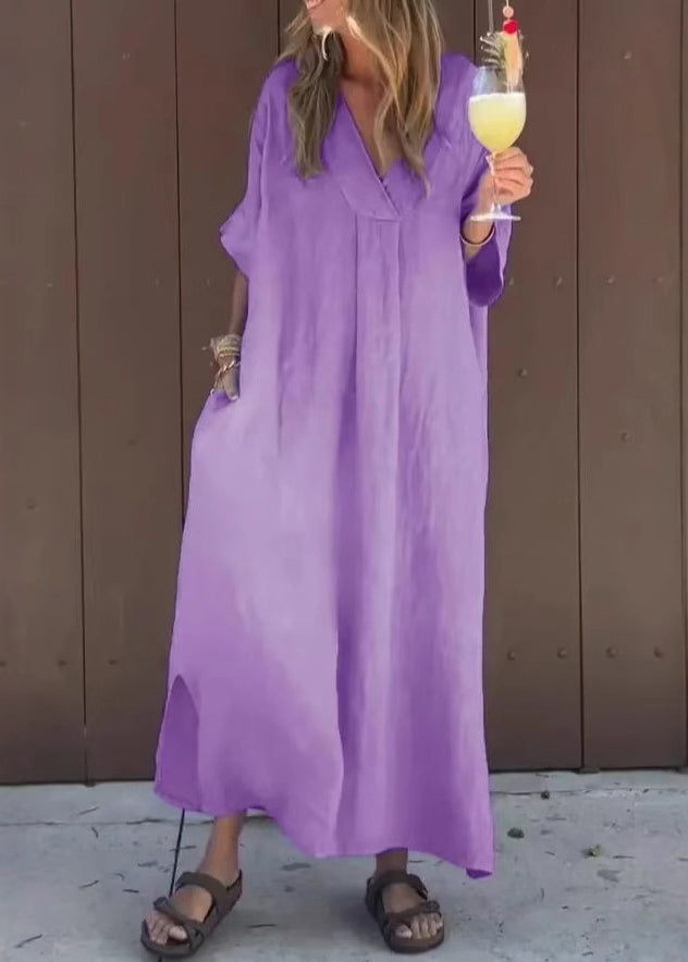 Blue V Neck Pockets Cotton Dresses Summer