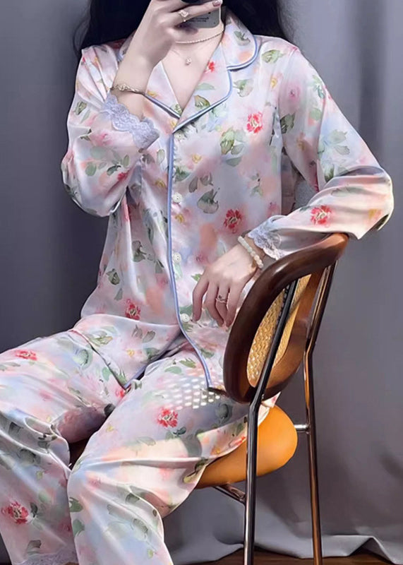 Photo Color Print Pockets Lace Silk Pajamas Two Pieces Set Spring