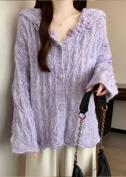 Loose Purple Sailor Collar Hollow Out Knit Cardigans Fall