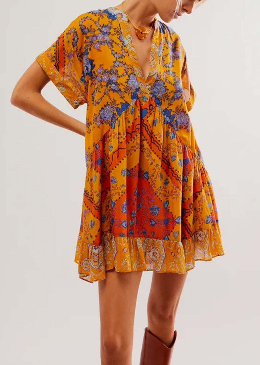 Blue V Neck Print Patchwork Cotton Mid Dress Summer