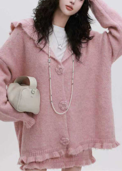 Pink Ruffled Patchwork Cotton Knit Hooded Cardigan and Skirts Two Piece Set Spring