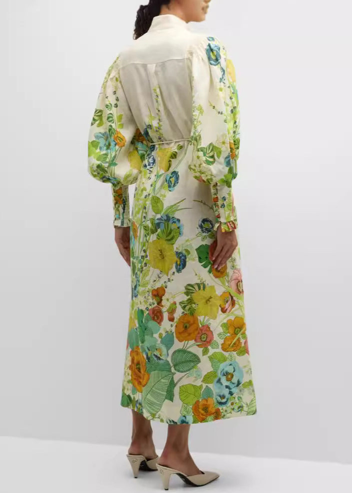 Green Print Pockets Tie Waist Cotton Shirts Dresses Fall