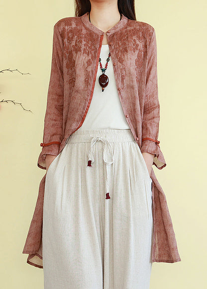 Orange Button Linen Loose Fall Shirts O-neck