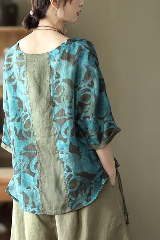 Print Ramie Loose Cinched T-shirt