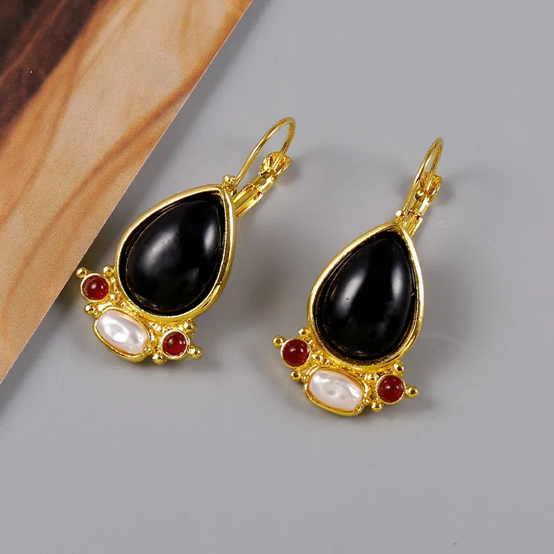 Black Stone Golden Earrings