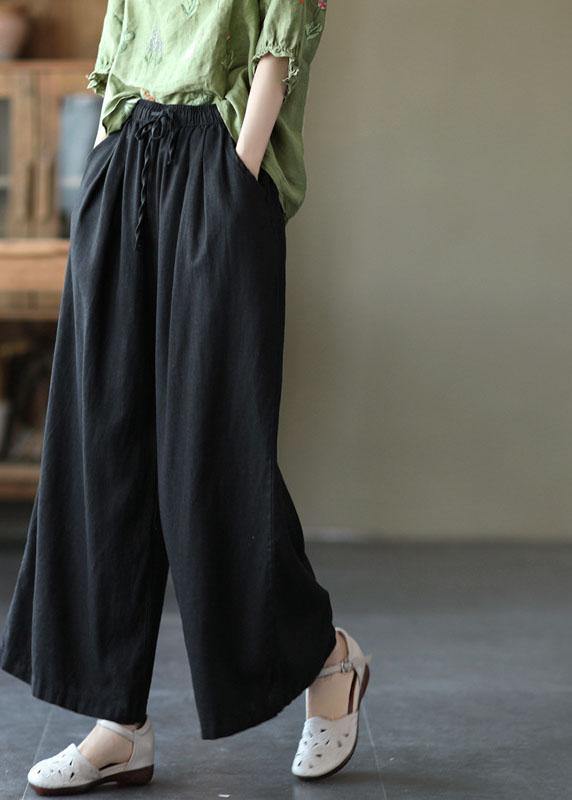 Beige Elastic Waist Tie Waist Wide Leg Pants Linen