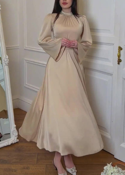 Apricot Stand Collar Lace Up Silk Dress Fall