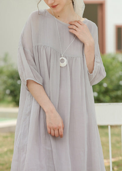 Grey O Neck Wrinkled Linen Long Dresses Summer