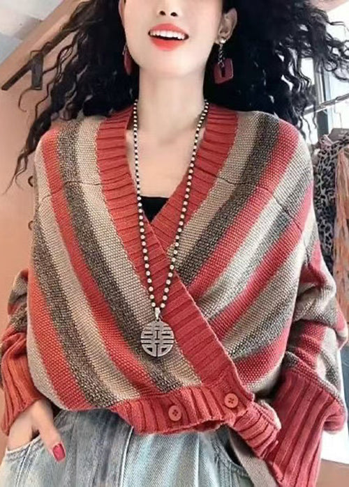 Navy V Neck Striped Button Knit Coats Fall