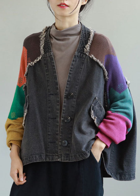 Fitted Black V Neck Pockets Patchwork Denim Coats Spring