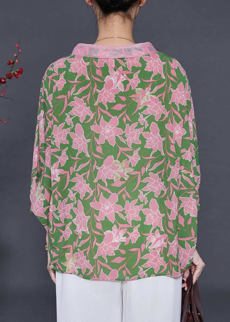 Green Oversized Print Chiffon Tops Batwing Sleeve