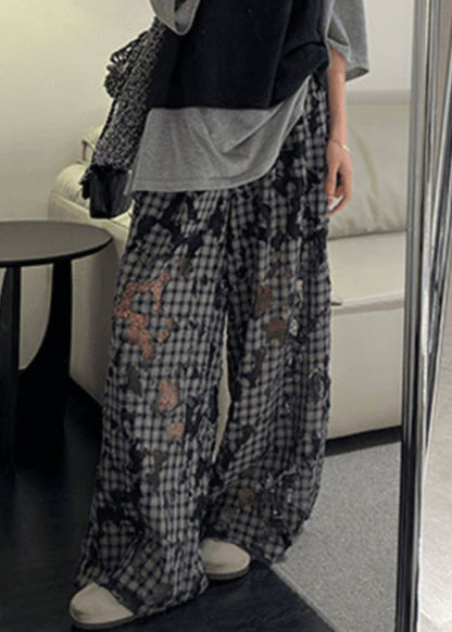Plaid Hollow Out Patchwork Wide Leg Pants Spring
