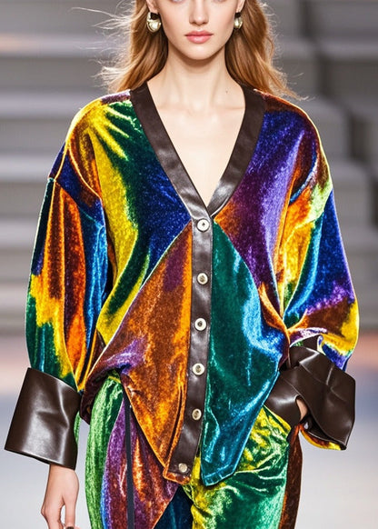 Multicolour V Neck Patchwork Silk Velvet Coat Fall