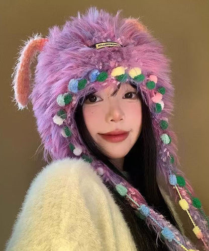 Purple Thick Warm Fuzzy Fur Knit Bonnie Hat