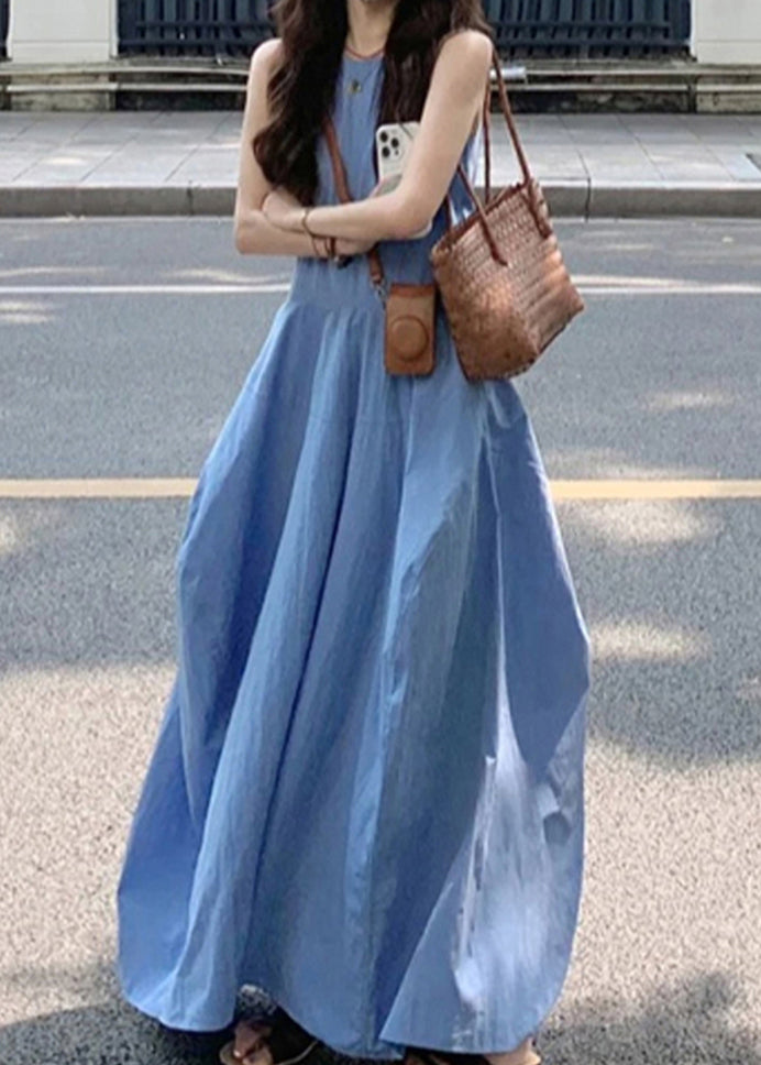 New Blue O Neck Pockets Cotton Long Dress Sleeveless