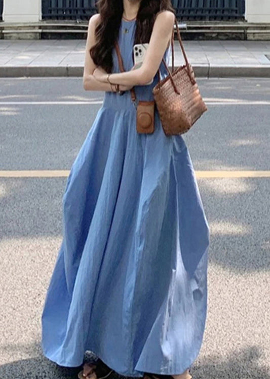 New Blue O Neck Pockets Cotton Long Dress Sleeveless