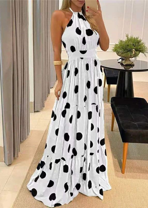 Black Dot Print Wrinkled Cotton Maxi Dresses Sleeveless