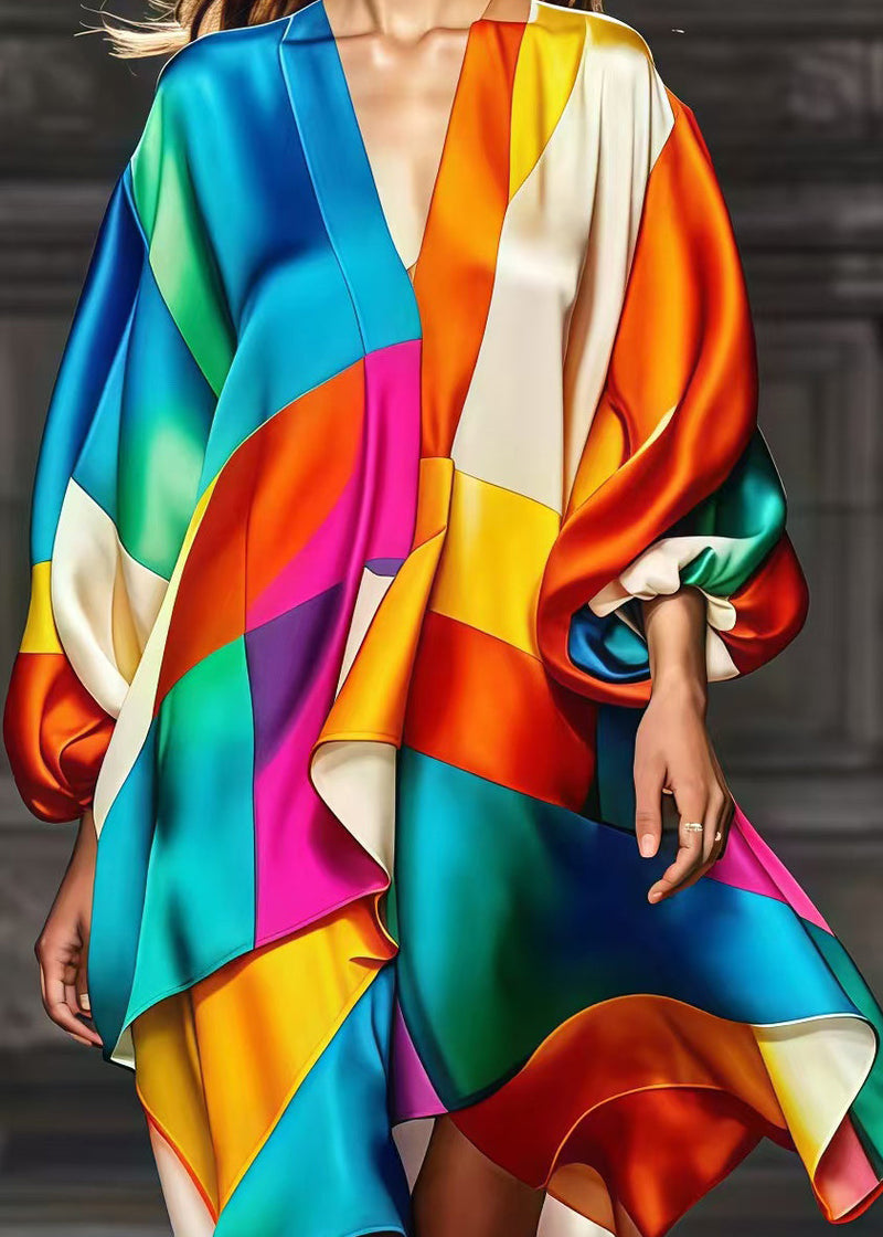 Rainbow Asymmetrical Patchwork Silk Party Dress Fall