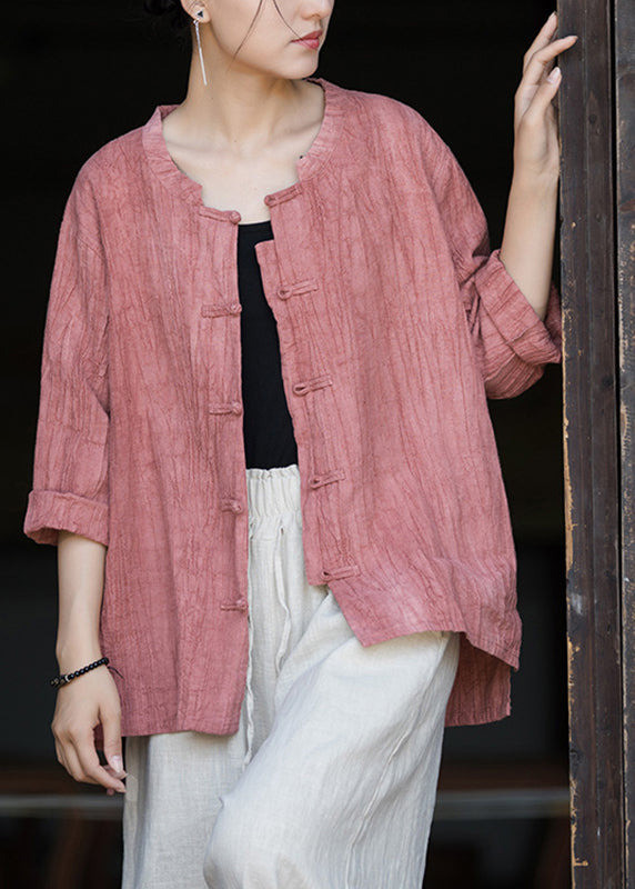 Pink O-neck Patchwork Tops Bracelet Sleeve