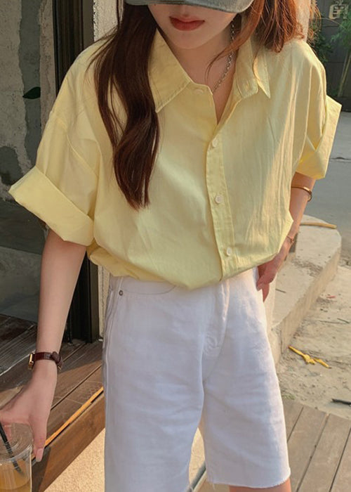 Yellow Button Cotton Summer Shirt Peter Pan Collar