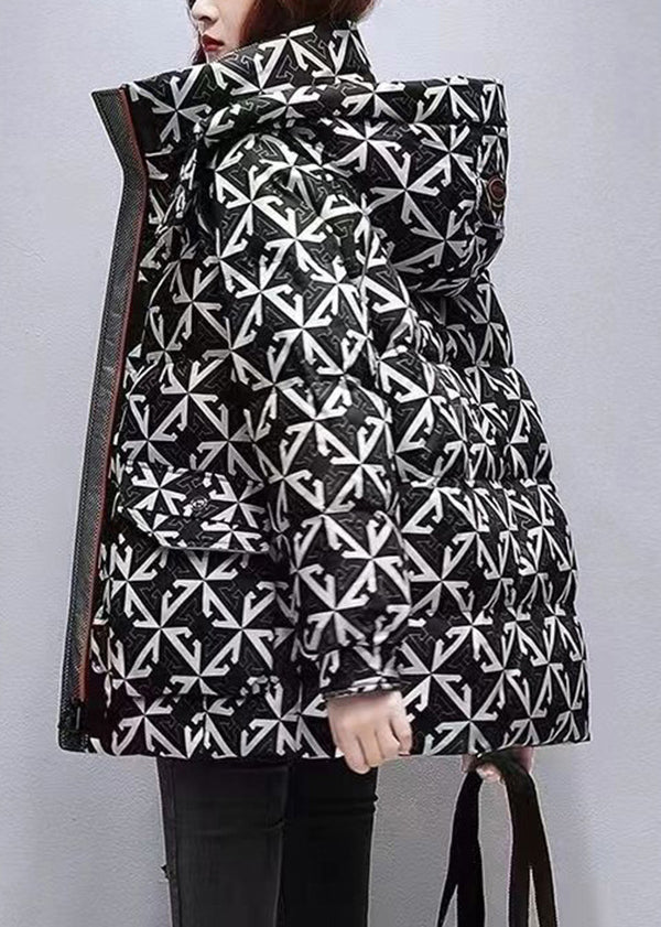 Black Hooded Print Fine Cotton Filled Coats Winter