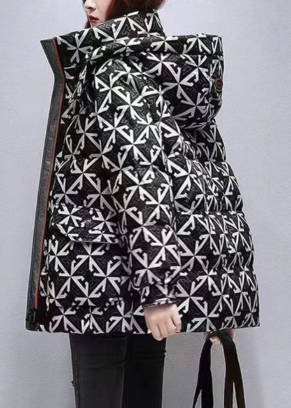 Black Hooded Print Fine Cotton Filled Coats Winter