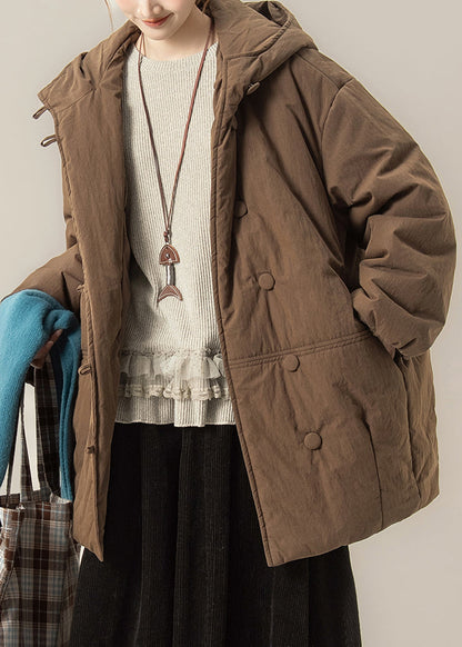 Coffee Button Patchwork Hooded Parka Winter