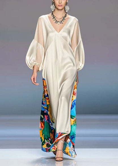 French Champagne V Neck Print Silk Party Dress Lantern Sleeve