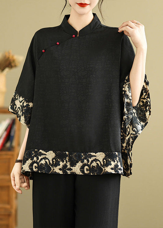 Fine Black Mandarin Collar Patchwork Silk Oriental Shirts Summer