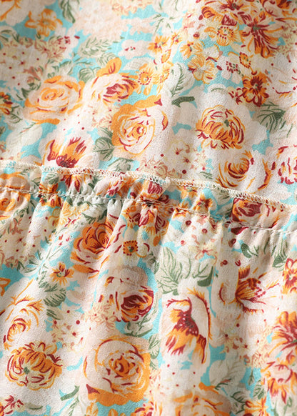 Orange Peter Pan Collar Print Cotton Shirt Summer