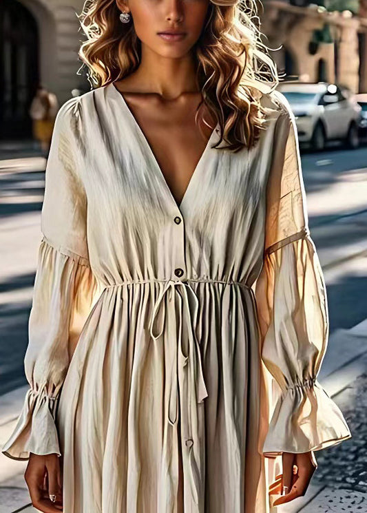 Beige V Neck Drawstring Linen Dress Flare Sleeve