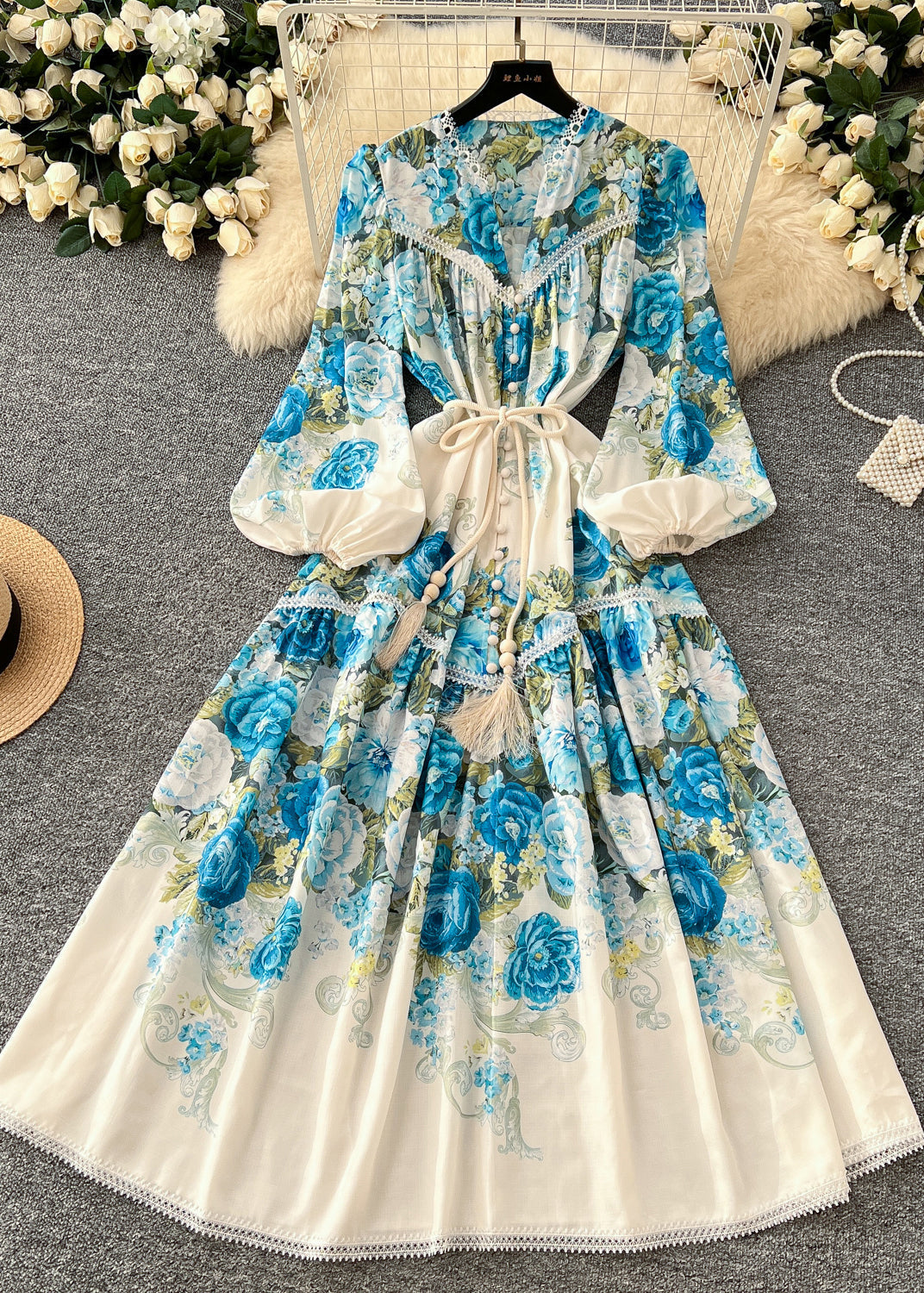Blue Patchwork Lace Dress Tie Waist Lantern Sleeve